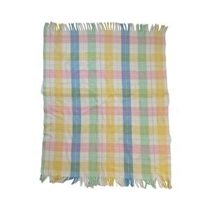 Pastel Pink Blue Yellow Green Plaid Fringe Trim Stripe Acrylic Vtg Baby Blanket
